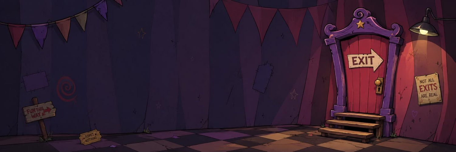 The premises: a faded carnival room with a red exit door