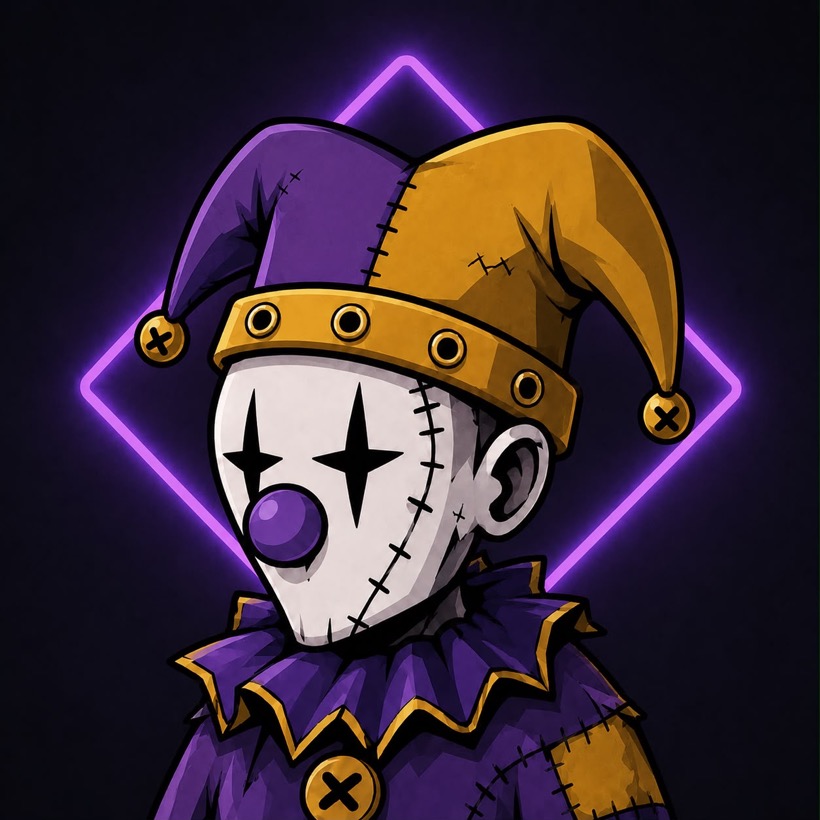 A deeply unimpressed Cynic in a purple-and-gold jester hat